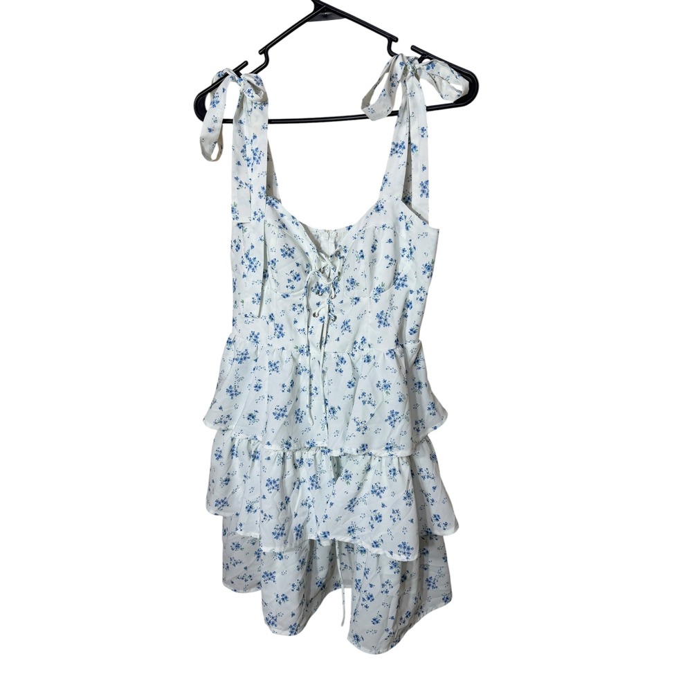 Cider‎ Blue Floral Tiered Mini Dress White Lace Up Corset Tie Shoulder Medium